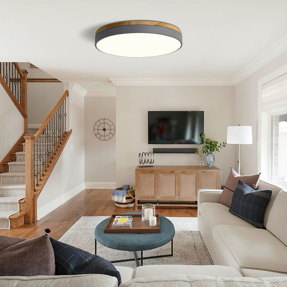 Scandinavian Style Wooden Round Flush Mount Ceiling Light | LED for Living Room