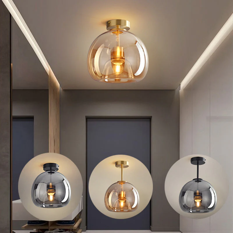 Retro Copper Glass Semi Flush Mount Ceiling Light | Modern
