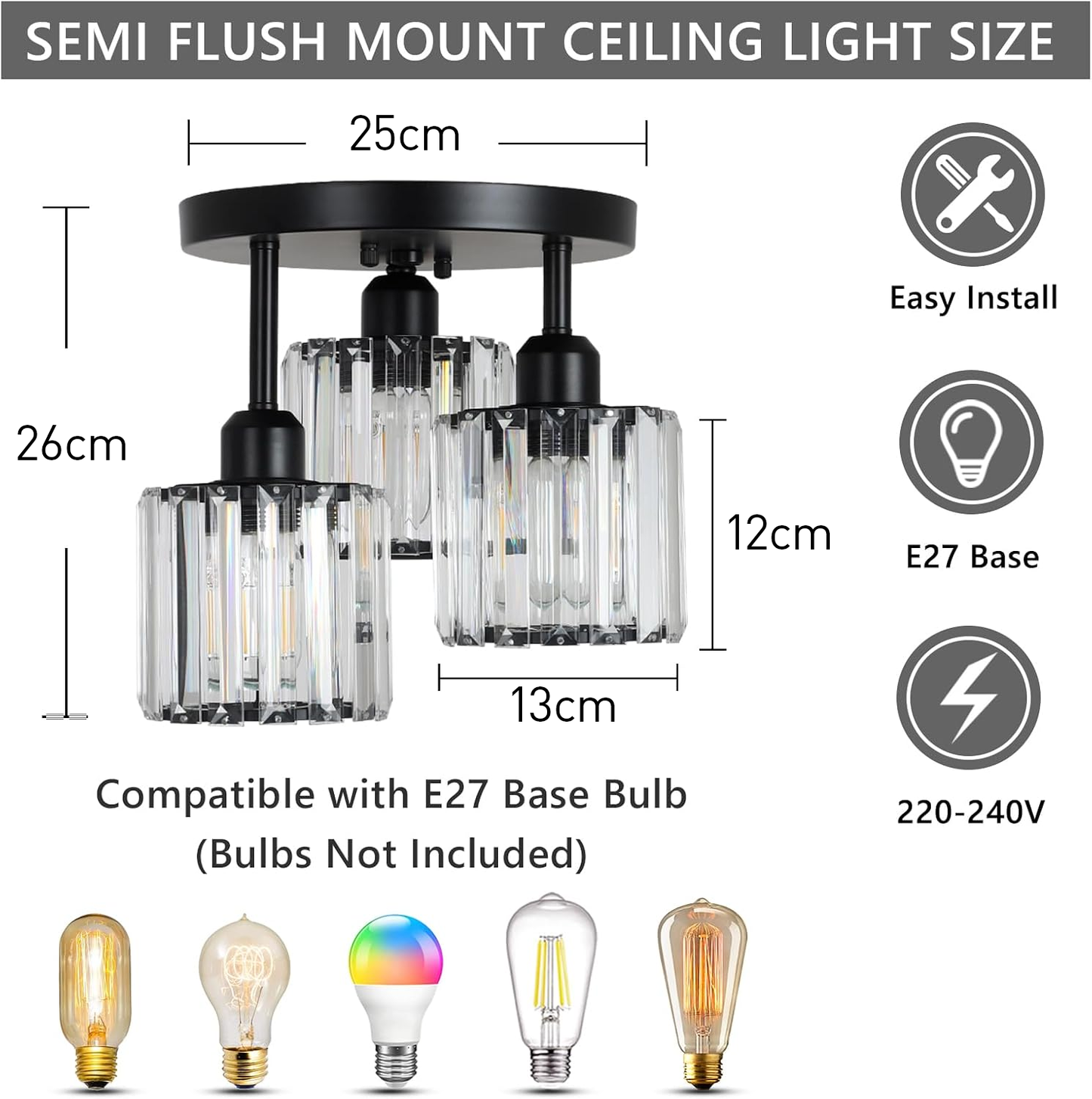 Crystal Semi Flush Ceiling Light | Elegant